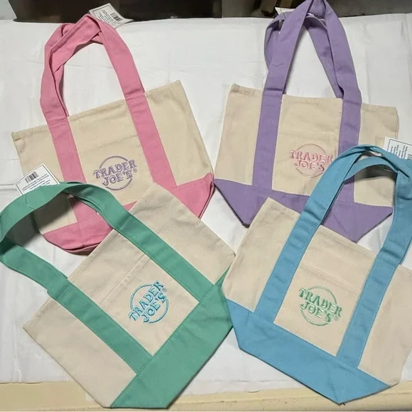 Trader Joe’s Mini Canvas Tote Bag Pastel Pink Blue Green Purple Reusable NWT - Picture 7 of 7